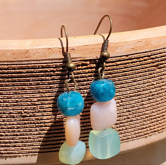 Apatite, Rose Quartz, Aqua Chalcedony Bronze Tone Dangle Earrings - Picture 4 of 7